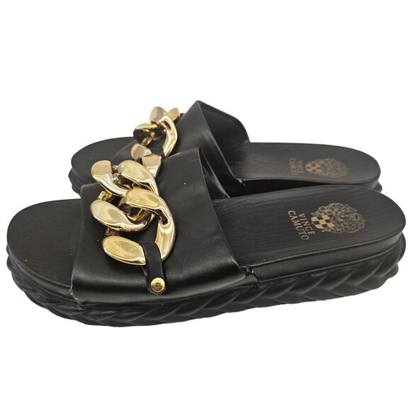 Vince Camuto Black Slides With Gold Chain Detail - Size 10 - Picture 2 of 13